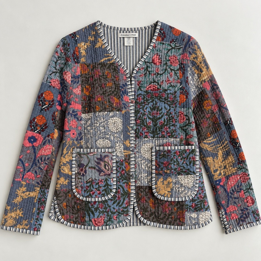 Boho Floral Patchwork Quilted Jacket Blue Pink Pastel Button Front Coat Quilt S